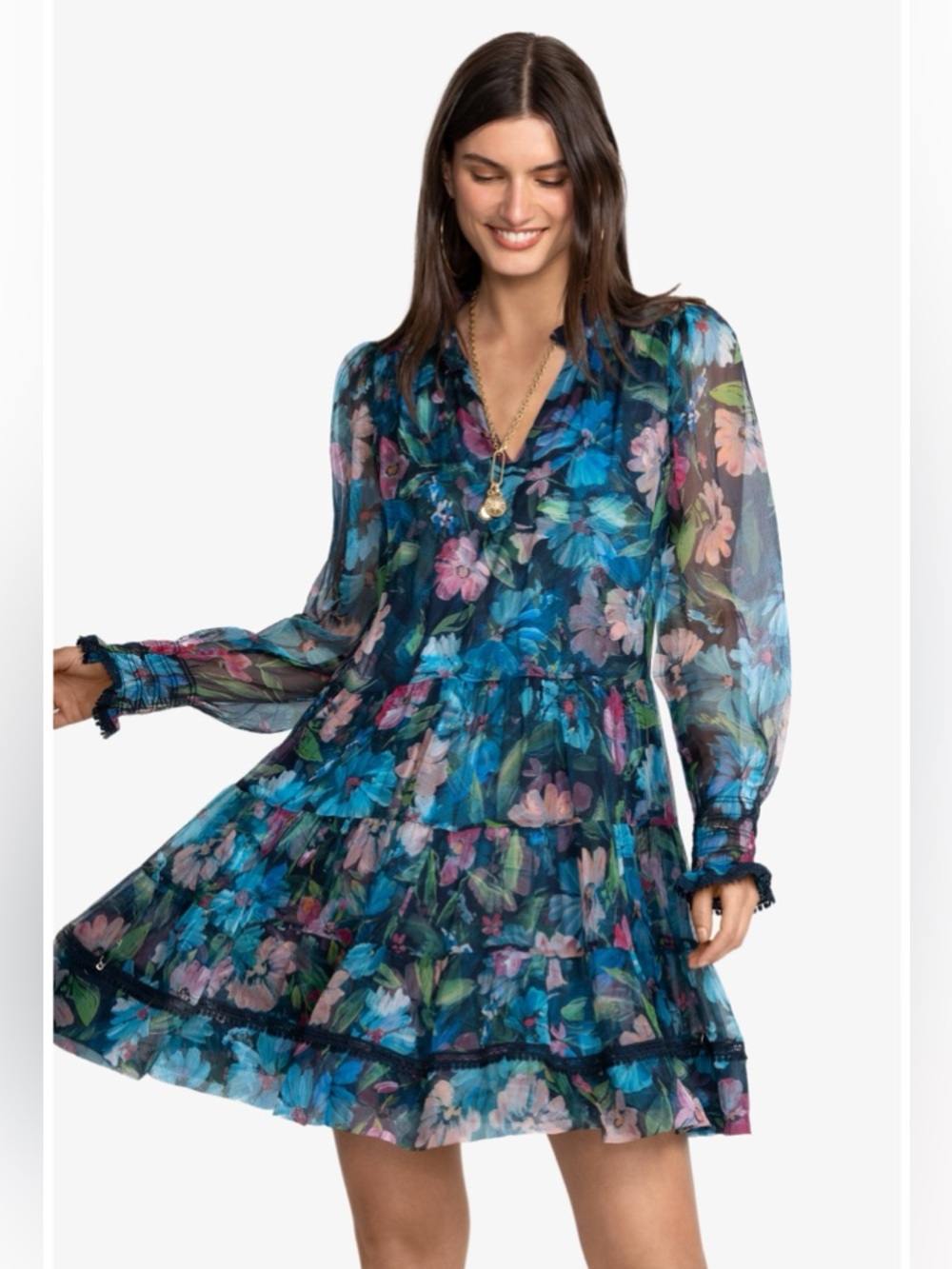 Jade by Johnny Was Maryah Tiered Mini Dress Women's Size Small 100% Silk Floral